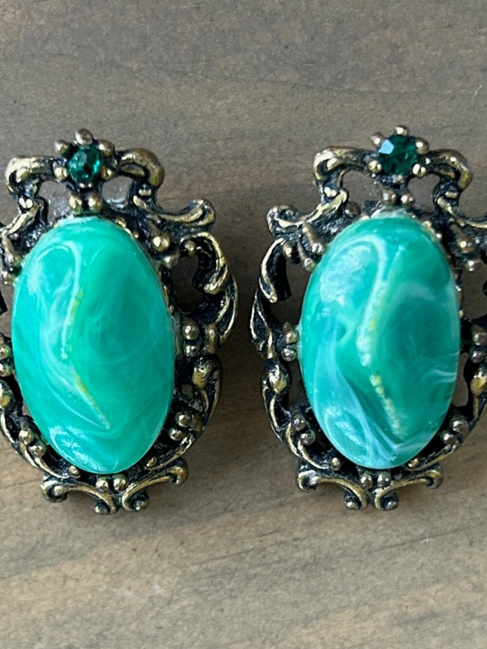 Vintage Green Celluloid Oval Clip Earrings: Swirls, Rhinestones, Ornate Filigree